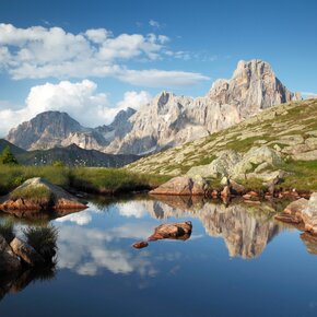 Pale reflected in a seasonal pool - Monte Cavallazza, Paneveggio-Pale di San Martino Nature Park | © APT San Martino di Castrozza, Primiero e Vanoi