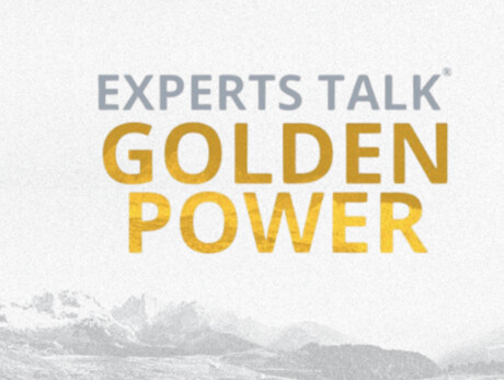 Logo with Experts Talk Golden Power text over mountain landscape background.