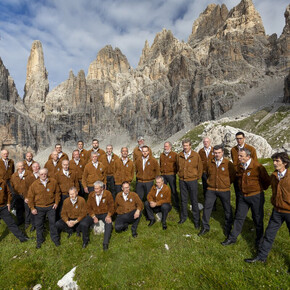 The Campanil Bas Choir gathered among the majestic Brenta Dolomites.