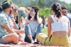 Persone sul prato che bevono un calice di vino 