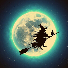The image shows a hag on a broomstick and a full moon in the background