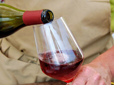 Calice di vino rosso viene versato da un volontario