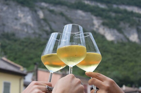 Tre calici di vino bianco brindano con sullo sfondo montagne verdi e case di un borgo.
