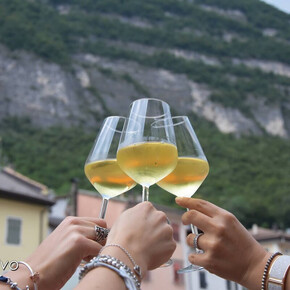 Tre calici di vino bianco brindano con sullo sfondo montagne verdi e case di un borgo.