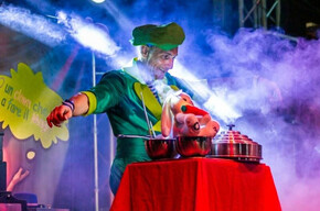 La foto mostra l'artista mentre si esibisce sul palco con un numero di magia per bambini