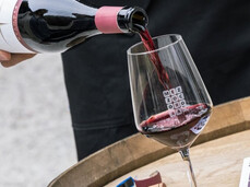 The image shows a bottle of Teroldego Rotaliano in the foreground being poured into a glass placed on a wooden barrel. Most likely, the bottle is being poured by a sommelier attending the event.