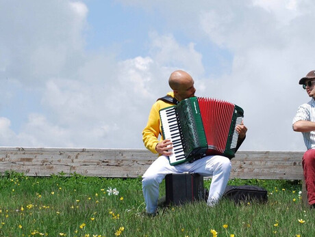 L'immagine mostra i due artisti mentre suonano in un prato.