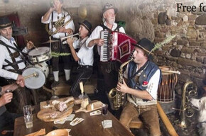 SIX MUSICIANS IN A CELLAR SINGING AND PLAYING WITH A DOG NEARBY