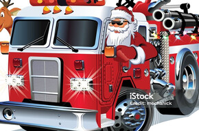 Nel disegno Babbo Natale e la renna guidano il camion dei pompieri