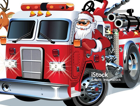Nel disegno Babbo Natale e la renna guidano il camion dei pompieri