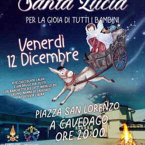 Nell'immagine vediamo santa Lucia che arriva di notte dal cielo su un carretto trainato da un asinello. 