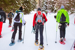 Nell'immagine si vedono alcune persone che camminano nella neve con le ciaspole ai piedi.