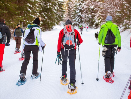 Nell'immagine si vedono alcune persone che camminano nella neve con le ciaspole ai piedi.