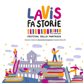 L'immagine ritrae Un'illustrazione digitale stilizzata e colorata che fa da locandina per il festival culturale "LAVIS FA STORIE"