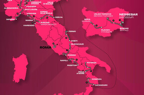 A stylized map of Italy and Bulgaria on a dark pink background, tracing the stage route of the Giro d'Italia. A black line connects the start and finish cities, beginning in Bulgaria (Nessebar, Sofia) and then crossing Italy from south to north. In Northern Italy, the alpine stages touching the towns of Andalo and Fai della Paganella are highlighted.