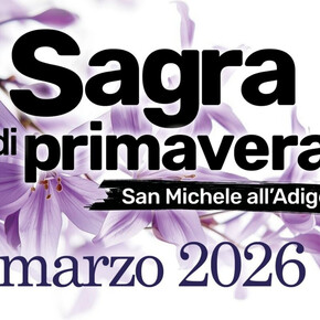 locandina della sagra di primavera 2026. Lo sfondo presenta fiori viola sfumati su base bianca. Il testo principale è in grassetto nero, con la località dell'evento scritta in bianco