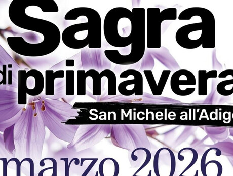 locandina della sagra di primavera 2026. Lo sfondo presenta fiori viola sfumati su base bianca. Il testo principale è in grassetto nero, con la località dell'evento scritta in bianco