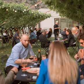 Persone nel vigneto che si rilassano degustando vini dell'azienda